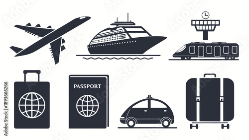 Global travel and transportation icons set with silhouettes of airplane cruise ship train car luggage and passport on white background