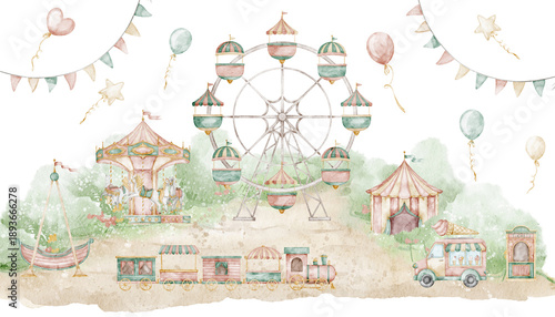 Wallpaper Mural Watercolor Amusement Park with rides and attractions in pastel tones. Whimsical illustration with Ferris wheel and Carousel for children books, nursery posters, childish party invitations. Torontodigital.ca