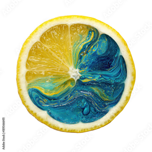 isolated white background of a halved lemon featuring a vibrant, swirling pattern of blue and yellow liquid art or paint within its segments.