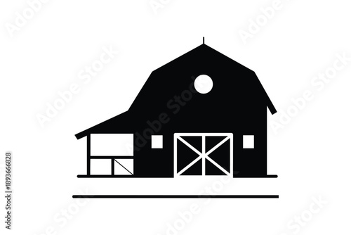 Rural barn silhouette with round window and large sliding doors depicting traditional farm building structure
