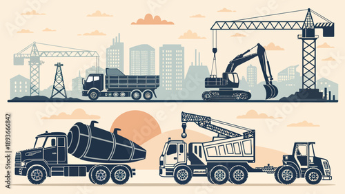 Construction vehicles and equipment in silhouette against city skyline at sunset