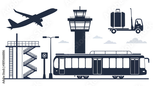 Airport transport silhouette vector pack with airplane bus and luggage cart on a white background
