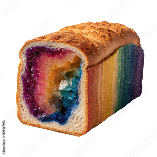 isolated white background of a sliced loaf of bread revealing a stunning, vibrant display of colorful crystal geodes within its crust, a geological surprise.