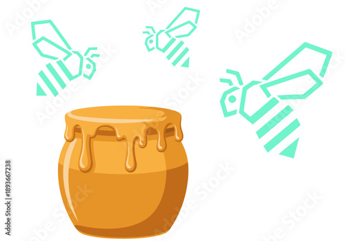 Abstract illustration depicts honey pots attracting digital bees, symbolizing hacker deception. A modern, dark background highlights the glowing, geometric design. Security deception concept.