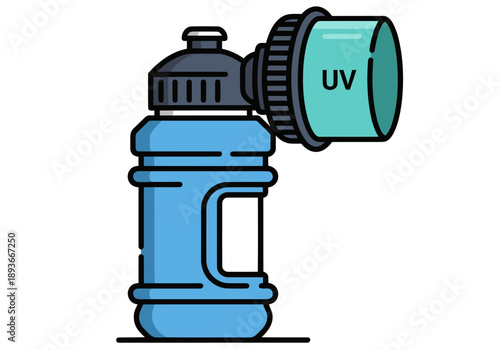 A blue water bottle with an UV filter attachment sits on a surface. Clean, modern illustration. Perfect for health, hydration, and tech concepts.