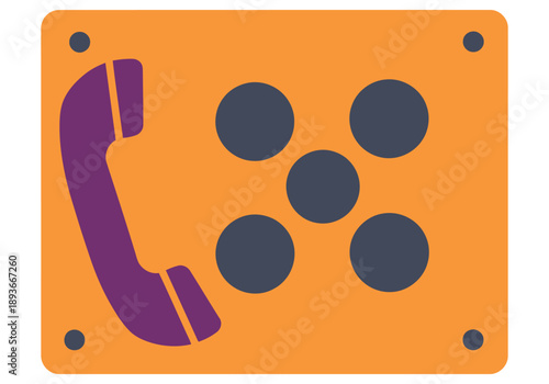 Bold orange icon featuring an intercom phone with a purple handset and circular buttons. ?Emergency Help? text overlay. Clean, modern design suitable for digital applications.