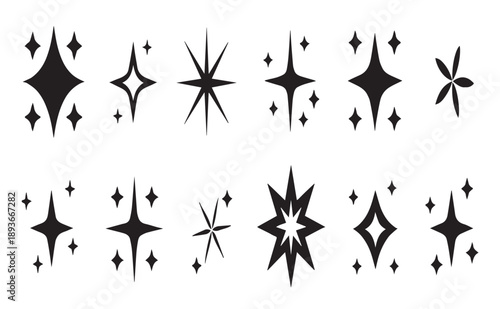 A black and white graphic design pattern of
stylized stars and sparkle effects. The image shows two rows of decorative star shapes