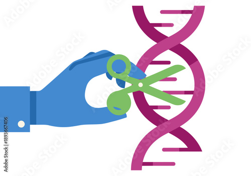 A hand uses gene editing scissors to modify a DNA strand. Modern biotech illustration with a clean, vibrant design. Perfect for science, technology, and health concepts.