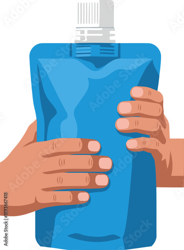 Hands squeeze a blue filter water pouch, demonstrating easy hydration. Clear, bright image for health and outdoor lifestyle visuals.