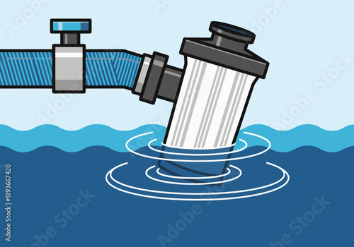 Illustration depicts a water hose filter intake system. Clear water flows through a filter, showcasing a clean and efficient water supply. Modern, blue and grey tones.