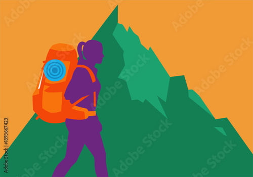 A female hiker ascends a mountain with a backpack, showcasing an adventurous spirit. Bold colors and a dynamic composition create a visually appealing image for outdoor and travel themes.