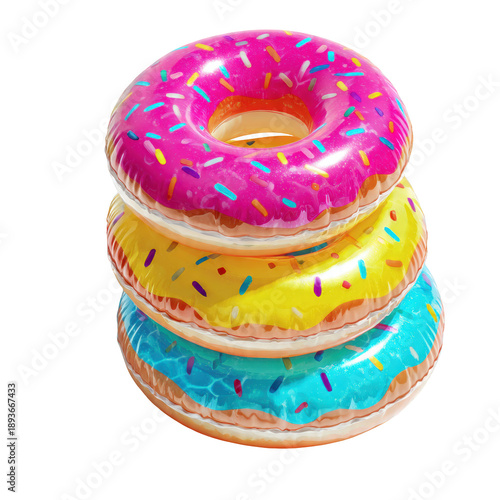 isolated white background of a cheerful stack of three colorful inflatable donut-shaped pool floats with sprinkles, ready for summer fun.