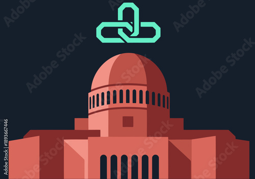 A modern graphic design featuring a capitol building linked with a digital chain, symbolizing civic tech and digital government. Bold, clean design.