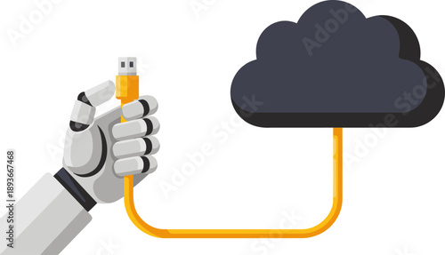 A robotic hand connects to a cloud, symbolizing data link automation. Modern, clean design with a vibrant blue background. Ideal for tech and business visuals.