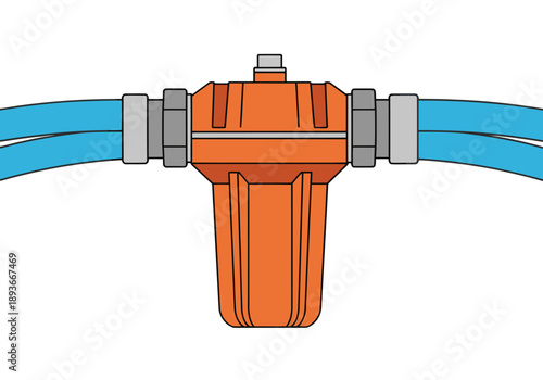 An orange inline filter connects blue hoses, showcasing plumbing survival. Clean, modern illustration with bold colors and a clear composition. Ideal for technical or DIY themes.