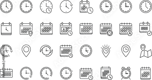 Calendar and Clock Line Icon Set Featuring Date Scheduling, Time Management, Reminders, Deadlines, and Planning Symbols for Productivity Apps and UI Design