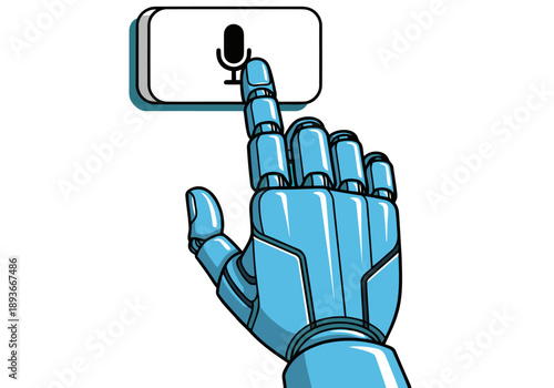 A robotic hand activates a touch-control AI input microphone. Modern, digital, and sleek design. Focus on the interaction.