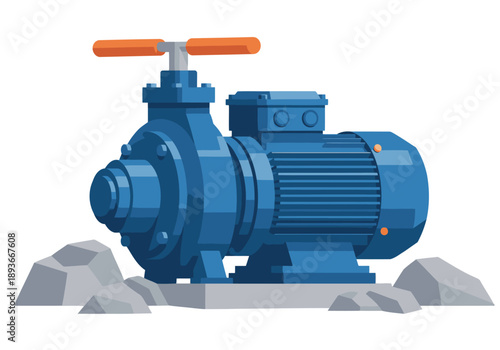 A stylized desalination pump stands ready, powering survival. A modern illustration highlights water production against a rocky backdrop. Clean, bold design.