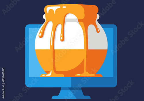 A stylized computer monitor displays a honey pot, symbolizing endpoint cybersecurity. Modern, graphic design, vibrant colors. Ideal for tech and security concepts.