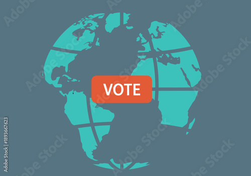 A stylized globe with a 'Vote' button highlights global digital democracy. Modern, teal and dark blue design. Suitable for business and technology themes.