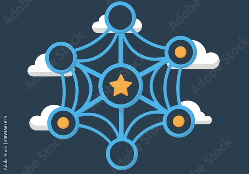 stylized graphic depicts a decentralized governance network with interconnected nodes and a central star Modern flat design with blue lines and white clouds  Ideal for tech and blockchain visuals