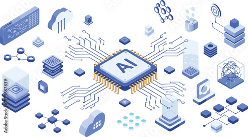 Isometric Artificial Intelligence Processor Illustration Showing AI Chip, Data Processing, Neural Computing, Cloud Integration, and Advanced Digital Technology Systems