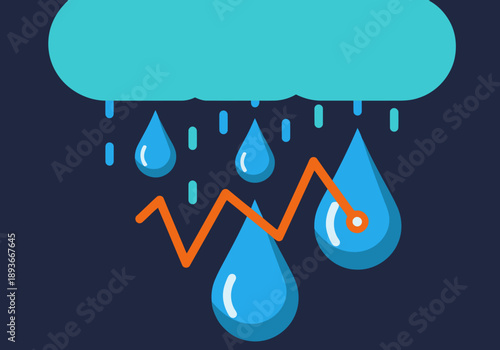 A stylized graphic depicts rain falling onto a rising line graph, symbolizing weather data analysis. Modern, vibrant colors and a clean design make it ideal for tech and business visuals.