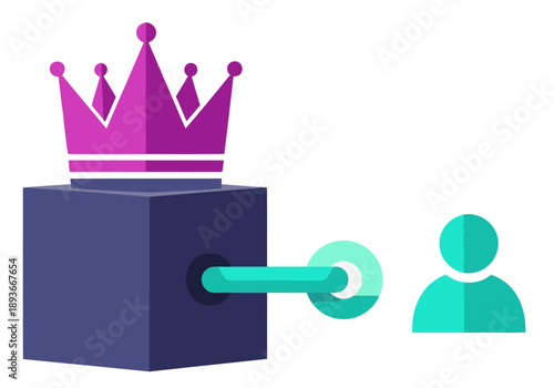 A stylized graphic depicts decentralized leadership with a purple crown and a chain connecting it to a person, symbolizing community governance. Modern, clean design.