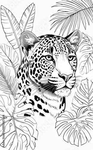 Leopard in Tropical Foliage – Detailed Black and White Line Art of Jungle Cat with Monstera and Banana Leaves