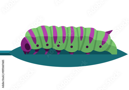 A stylized green and purple caterpillar crawls on a leaf. Modern, flat design illustration. Vibrant colors, clear composition, perfect for commercial use.