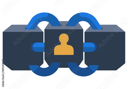 A stylized graphic showcases decentralized identity and citizen participation, linked by a chain with a central human figure. Modern, blue and yellow design.