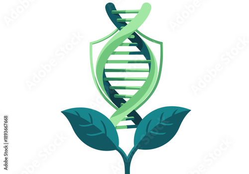 A stylized graphic showcases plant defense with a DNA helix protected by a shield, featuring leaves and a 'Genetic Shield Plant Defense' text. Modern, vibrant, and impactful design.