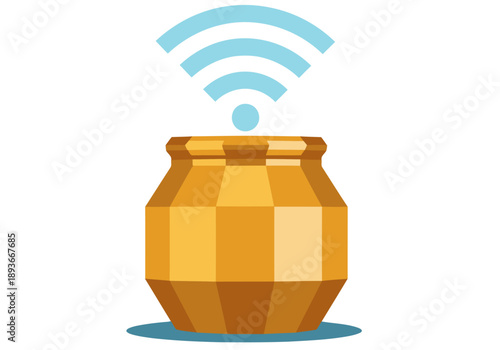 A stylized honey pot emits a wireless signal, illustrating a signal trap. Modern, flat design with a blue background. Ideal for tech, security, and network concepts.