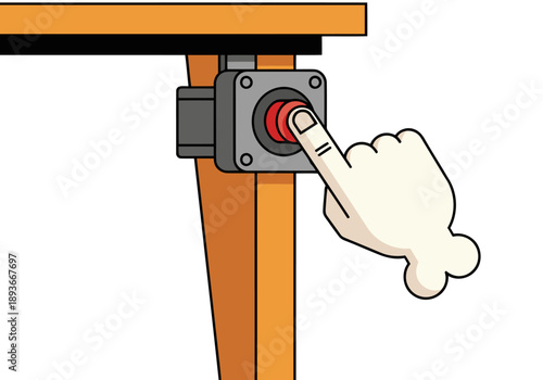 A stylized illustration depicts a desk alarm system with a hand activating the emergency button. Clean, modern design with bright colors and clear visual communication.