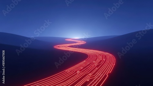 Red lines flow in dark landscape under bright horizon light