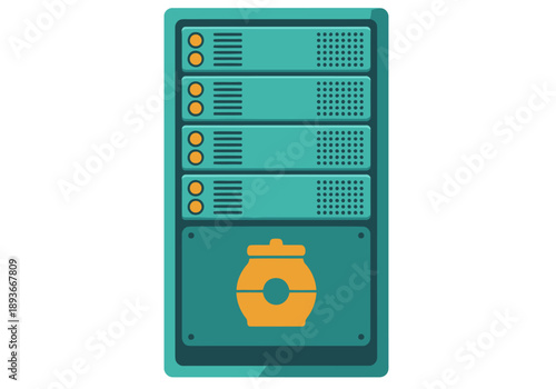 A stylized server network trap illustration featuring a teal server rack with a honeybee icon. Modern, flat design with vibrant colors. Ideal for tech, security, and network concepts.