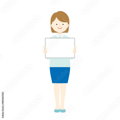 フリップボードを持って説明する女性の全身イラスト　案内・解説・プレゼン