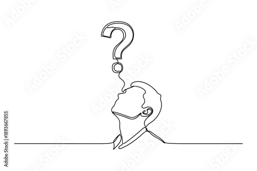 Continuous Line Drawing of a Man Looking at a Question Mark, symbolizing deep thought, confusion, or the search for answers