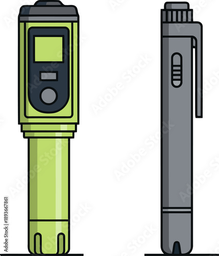 Two water quality control devices - digital meter and a pen-style probe - are displayed side-by-side Clean modern illustration with a dark background Ideal for tech science and environmental themes