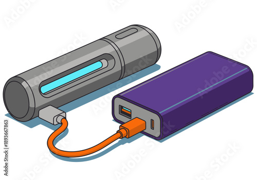 Two power banks ? one UV sterilizer and one standard ? are connected via charging cables. Modern, tech illustration with a blue background. Suitable for digital marketing.