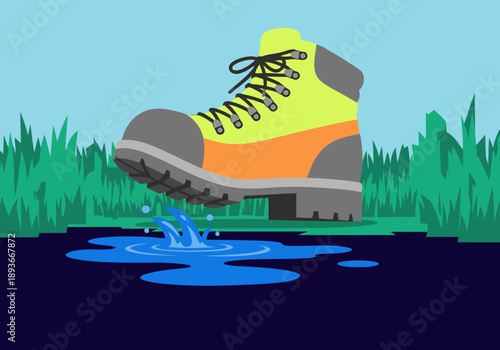 A vibrant hiking boot splashes through a puddle on a trail, surrounded by lush grass.  Ideal for outdoor adventure and product visuals.