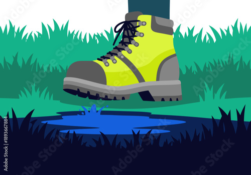 A vibrant hiking boot splashes through a puddle on an outdoor trail. Bright colors and a clear composition make this image ideal for outdoor and adventure themes.