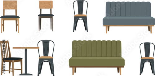 Cafe and restaurant seating furniture set with wooden chairs metal stools upholstered sofas and round bistro table top