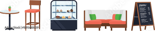 Cafe interior elements table chair display case sofa and menu board illustration on transparent background