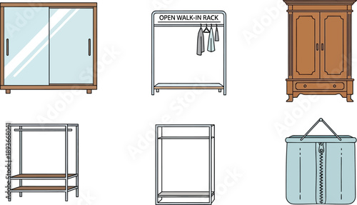 Closet storage solutions icons including sliding door wardrobe open rack wooden armoire and fabric laundry hanging bag