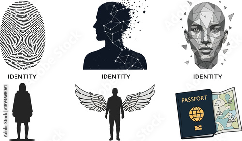 Collection of abstract human identity symbols fingerprints silhouette constellation low poly face passport and map representations