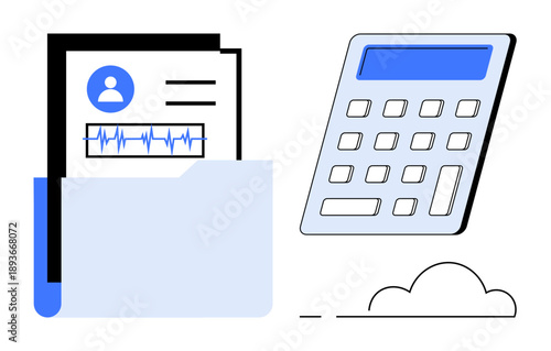 Finance, healthcare, data analysis, cloud computing, organization, productivity. A folder with documents including a profile and ECG graph, alongside a calculator icon. Finance and healthcare data