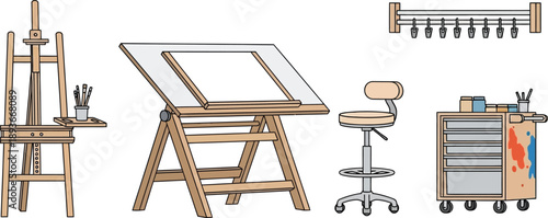 Collection of art studio equipment, including easel, drafting table, chair, and art supply cart