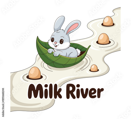 Cute bunny in leaf boat floating on milk river with eggs rabbit