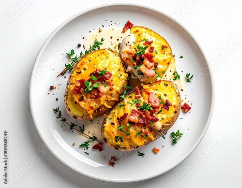 Delicious baked potato with cheese, bacon and herbs on white plate